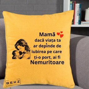 Cadou pentru Mama - Perna Personalizata Mama Nemuritoare Aproape de Bebe, 40x40 cm, Galben, Husa Detasabila, Perna Inclusa, BEKZ®