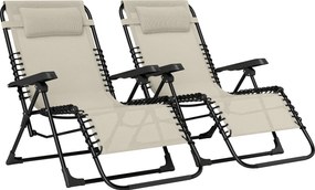 Outsunny Set de 2 șezlonguri, șezlong pliant reglabil cu tetieră din textilenă, 90 x 65 x 112 cm, bej | Aosom Romania