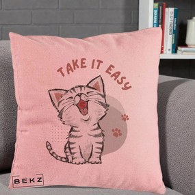 Perna Personalizata Take It Easy Cat, 40x40 cm, Roz, Husa Detasabila, Perna Inclusa, BEKZ®
