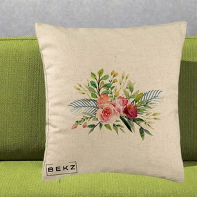 Perna Decorativa Buchet Flori Acuarela Roz-Verde, 40x40 cm, Bej, Husa Detasabila, Perna Inclusa, BEKZ®