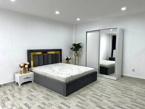 Dormitor Napoli, culoare gri / alb, cu pat Napoli 160 x 200 cm, dressing Erika 150 cm, 2 noptiere Viena