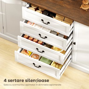 HOMCOM Credență de Bucătărie, Mobilier de Bucătărie cu 4 Sertare Soft Close, Blat Gros, Bufet cu Rafturi Reglabile, Stil Rustic, pentru Sufragerie, Sala de Mese, 147x40x87 cm, Alb | Aosom Romania