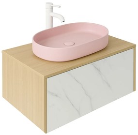 Set dulap baie suspendat placat cu ceramica CALACATTA 100 cm cu lavoar roz inclus Adelais Foglia