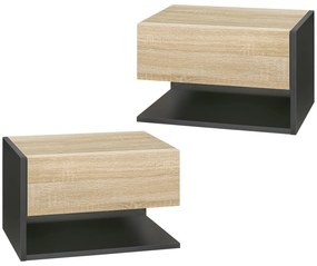 HOMCOM Set de 2 Noptiere suspendate - Set de 2 Noptiere - sertar Culisant, etajera, Bicolore Aspect stejar Negru | Aosom Romania