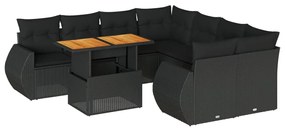 3327240 vidaXL Set mobilier de grădină cu perne, 9 piese, negru, poliratan