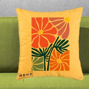 Perna Decorativa Flori Grafice Roz-Orange-Albastru, 40x40 cm, Galben, Husa Detasabila, Perna Inclusa, BEKZ®