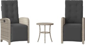 vidaXL Set bistro cu perne, 3 piese, gri deschis, poliratan