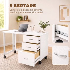 HOMCOM Birou Calculator Pliabil Con 3 Sertare, Alb Effetto Lemn | Aosom Romania