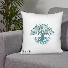 Perna Decorativa Copacul Vietii Teal cu Radacini, 40x40 cm, Alb Pufos, Husa Detasabila, Perna Inclusa, BEKZ®