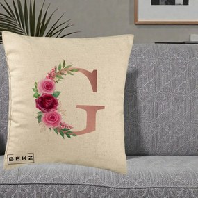 Cadou Personalizat - Perna Personalizata Monograma Rose Gold Litera G, 40x40 cm, Bej, Husa Detasabila, Perna Inclusa, BEKZ®