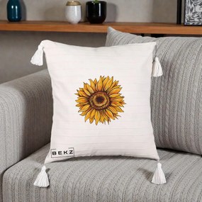 Perna Decorativa Floarea Soarelui Vibranta, 40x40 cm, Bej cu Franjuri, Husa Detasabila, Perna Inclusa, BEKZ®