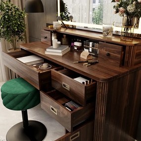 SEM246 - Set Masa toaleta, 115 cm, cosmetica machiaj, oglinda LED, masuta vanity cu sau fara scaun (la alegere) - Maro