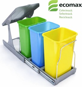 Cos gunoi incorporabil Ecomax Patty 30, colectare selectiva, 3 x 8 l Polipropilena Metal, Albastru Galben Verde, L:236 mm; H:360 mm; A:470 mm, 300