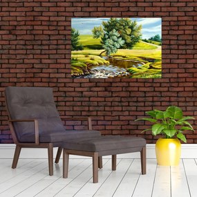 Tablou - Râu între câmpii, pictură în ulei (90x60 cm)