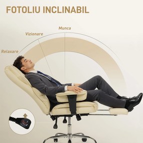 HOMCOM Scaun de birou cu suport pentru picioare și tetieră, din piele PU, spumă și metal, 76x73x117-125 cm, crem | Aosom Romania