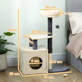 PawHut Arbore zgârietor pentru pisici, înalt de 92 cm, cu căsuță, culcuș, stâlpi din sisal și bila, crem alb | Aosom Romania