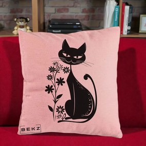 Perna Decorativa Pisica Neagra Grafica Minimalista, 40x40 cm, Roz, Husa Detasabila, Perna Inclusa, BEKZ®