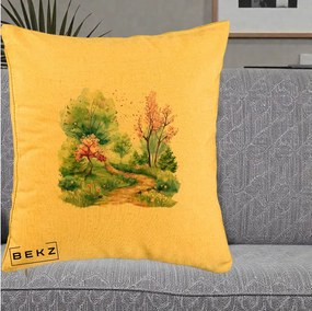 Perna Decorativa Gradina Primavara Acuarela, 40x40 cm, Galben, Husa Detasabila, Perna Inclusa, BEKZ®
