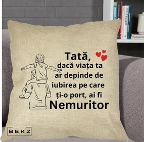 Cadou pentru Tata - Perna Personalizata Tata Supererou Nemuritor, 40x40 cm, Crem, Husa Detasabila, Perna Inclusa, BEKZ®