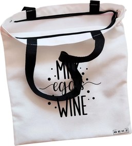 Sacosa de Panza pentru Cumparaturi, Geanta Tote, model Milk eggs wine, Cu fermoar, 38x34.5 cm, Alba, BEKZ®