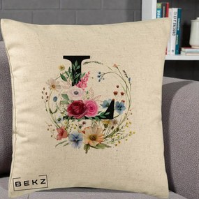 Cadou Personalizat - Perna Personalizata Monogram Litera L cu Flori Acuarela, 40x40 cm, Bej, Husa Detasabila, Perna Inclusa, BEKZ®
