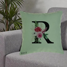 Cadou Personalizat - Perna Personalizata Monograma Florala Litera R, 40x40 cm, Verde, Husa Detasabila, Perna Inclusa, BEKZ®