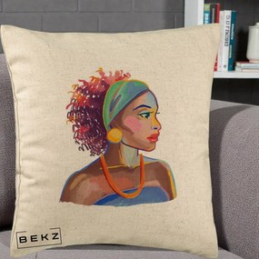 Perna Decorativa Portret Femeie Urbana Acuarela, 40x40 cm, Bej, Husa Detasabila, Perna Inclusa, BEKZ®