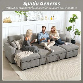 HOMCOM Canapea Extensibilă Modernă în Formă de U și Spații de Depozitare, Catifea Reiată, 282x140x86 cm, Gri | Aosom Romania