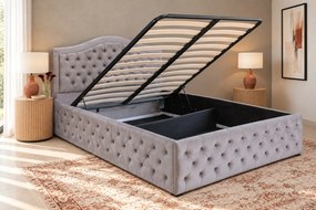 Pat tapițat Chesterfield din catifea Solaria Deluxe 140×200 cm, gri deschis, cu ladă de depozitare