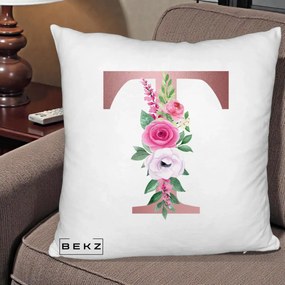 Cadou Personalizat - Perna Personalizata Monograma Rose Gold Litera T, 40x40 cm, Alb Pufos, Husa Detasabila, Perna Inclusa, BEKZ®