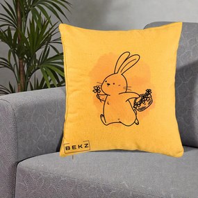 Perna Decorativa Iepuras Kawaii cu Cosulet Floral, 40x40 cm, Galben, Husa Detasabila, Perna Inclusa, BEKZ®