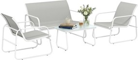 Outsunny Set de grădină exterior de 4 piese cu canapea de 2 locuri, 2 fotolii, masă cu sticlă securizată, textilene gri deschis | Aosom Romania