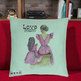 Cadou pentru Mama - Perna Personalizata Love Mom Rochii Roz, 40x40 cm, Verde Menta, Husa Detasabila, Perna Inclusa, BEKZ®