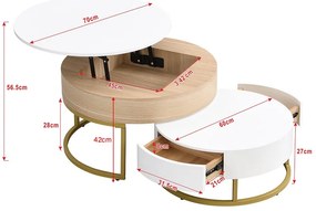 Set de Măsuțe de Cafea Suprapozabile Reglabile pe Înălțime cu Două Sertare, Design Elegant din MDF, 70x70x42/56,5 + 60x60x24 cm, Alb