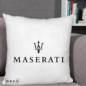 Perna Personalizata cu emblema Maserati, 40x40 cm, Alb Pufos, Husa Detasabila, Perna Inclusa, BEKZ®