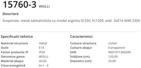 Lustra moderna cu 3 pendule WOLLI nichel/transparent 15760-3 GL