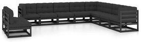 vidaXL Set mobilier grădină cu perne, 10 piese, negru, lemn masiv pin