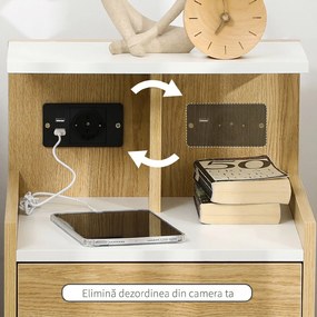 HOMCOM Noptieră Modernă cu Prize USB și Sertar, 40x40x60cm, Lemn Natural | Aosom Romania