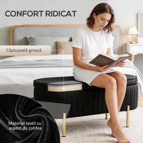 HOMCOM Bancă de Depozitare Ovală 72L cu Capac Rabatabil, din Catifea și Lemn, 108 x 44 x 43,5 cm, Negru | Aosom Romania