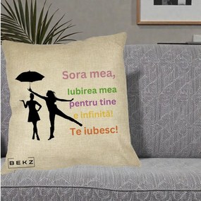 Cadou pentru Sora - Perna Personalizata Sora Mea Te Iubesc Siluete Colorate Umbrela, 40x40 cm, Crem, Husa Detasabila, Perna Inclusa, BEKZ®