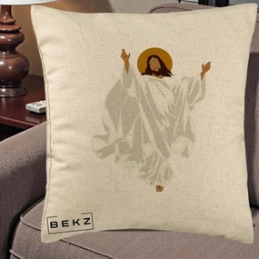 Perna Decorativa Iisus Hristos Invierea Silueta Minimalista, 40x40 cm, Bej, Husa Detasabila, Perna Inclusa, BEKZ®