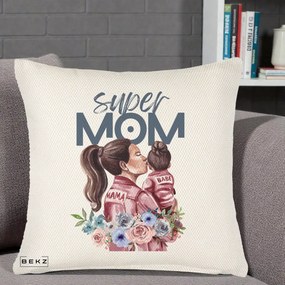 Cadou pentru Mama - Perna Personalizata Super Mom Mama cu Bebelusul, 40x40 cm, Crem Reliefat, Husa Detasabila, Perna Inclusa, BEKZ®