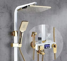 Coloană de duș, cu termostat, afișaj digital, 4 funcții, montare perete, alamă, Alb/Auriu, 8022