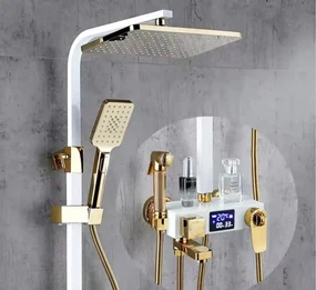 Coloană de duș, cu termostat, afișaj digital, 4 funcții, montare perete, alamă, Alb/Auriu, 8022