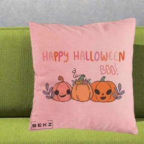 Perna Decorativa Happy Halloween Boo Trei Dovlecei Kawaii, 40x40 cm, Roz, Husa Detasabila, Perna Inclusa, BEKZ®