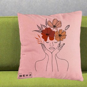 Perna Decorativa Portret Feminin Coroana Trei Flori, 40x40 cm, Roz, Husa Detasabila, Perna Inclusa, BEKZ®