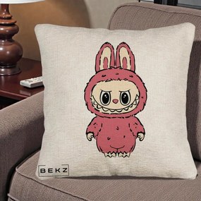Perna Personalizata Labubu Roz Solo, 40x40 cm, Bej Canapea, Husa Detasabila, Perna Inclusa, BEKZ®
