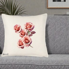 Perna Decorativa Trandafiri Roz Pastel Acuarela, 40x40 cm, Crem Reliefat, Husa Detasabila, Perna Inclusa, BEKZ®