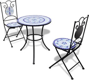 vidaXL Set mobilier bistro, 3 piese, albastru/alb, plăci ceramice