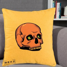 Perna Decorativa Craniu Roz Tatoo Art Halloween, 40x40 cm, Galben, Husa Detasabila, Perna Inclusa, BEKZ®
